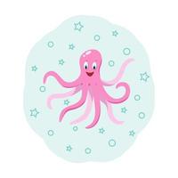 pulpo divertido de dibujos animados con burbujas y estrellas, ilustración vectorial de un animal marino en un concepto de niños vector