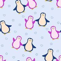 Seamless Pattern Two cute penguin boy and girl hold hands, vector illustration of a cartoon sea animal