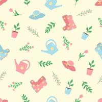 Seamless pattern concept of relaxing in the garden, summer hat rubber boots, seedlings, flowers and butterflies vector doodle illustrations.