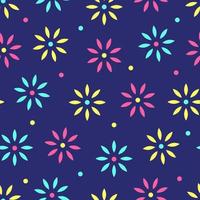 Seamless pattern of geometric abstract flowers of different colors on a dark blue background, daisies, asters Vector illustration.