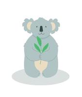 Cute cartoon character koala with a sprig of green eucalyptus leaves. Vector illustration