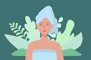 una mujer hermosa joven con una toalla en la cabeza. ilustración vectorial del concepto de belleza, fondo natural de higiene.