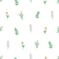 Seamless pattern field plants, meadow grass and flowers tulips poppies. Vector doodle illustration