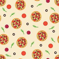 seamless pattern vector drawing of a whole round pizza with tomatoes, pepperoni sausage, olives cheese and arugula