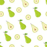 la pera verde de patrones sin fisuras es entera, media y una rodaja de pera sobre un fondo blanco. ilustración vectorial de peras de frutas jugosas maduras vector