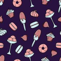 Seamless pattern of sweets and desserts. Vector background with elements of ice cream cupcake donuts candy