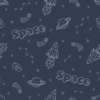 Cosmos doodle is a set of vector illustrations. Seamless pattern icons of space elements rocket cosmonaut stars satellite telescope comet