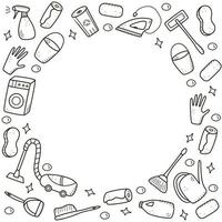 Doodle style vector cleaning elements. A set of drawings of cleaning products and items. Room washing kit