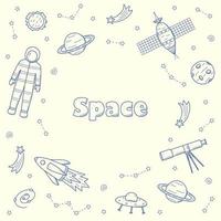 Cosmos doodle is a set of vector illustrations. Frame icons of space elements rocket cosmonaut stars satellite telescope comet