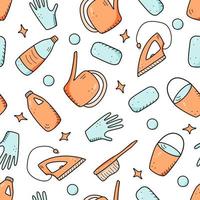 Seamless Pattern Doodle style vector cleaning elements. A set of drawings of cleaning products and items. Room washing kit