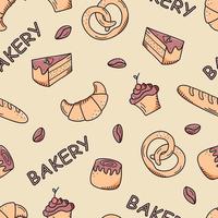 Seamless baking pattern. Vector background of dough products, croissant rolls bread cupcake. The concept of a bakery or cafe