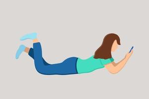 A young brunette girl is lying on her stomach with a phone in her hands. Communication by phone, freelance work. Vector illustration.