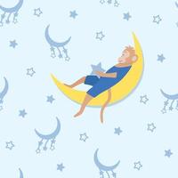 patrón impecable de un mono durmiendo en la luna, cielo estrellado. ilustración vectorial del concepto infantil de dormir, buenas noches vector