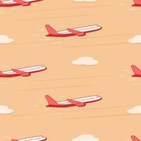 Seamless Pattern Passenger plane in flight on the background of the sunset, the sky with clouds. Vector illustration of an airplane