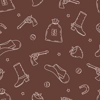 Seamless pattern wild west set of vector illustrations. Cowboy western elements icon. hat, neckerchief, boots, horseshoe, bag and money, pistol