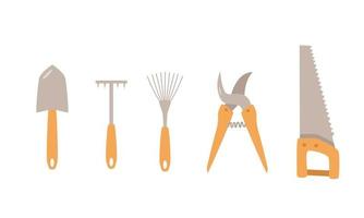 un conjunto de herramientas para el jardín. ilustración vectorial de una pala, azada, rastrillo, sierra manual y podadora. vector