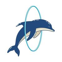 Cartoon cute dolphin jumps through the hoop in the dolphinarium. Vector illustration of a trained sea animal in a zoo