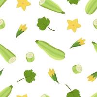 Seamless Pattern Zucchini whole and cut, zucchini flowers and leaf. Vector illustration of vegetables, a set of harvest courgette