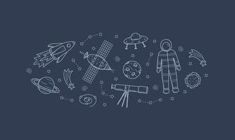 Cosmos doodle is a set of vector illustrations. Frame icons of space elements rocket cosmonaut stars satellite telescope comet