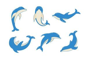 Set of cartoon dolphins in different poses, vector illustration of marine animals. Painted dolphins swim