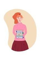 Cute student girl with a book in her hand. Vector illustration of a apprentice, the concept of education