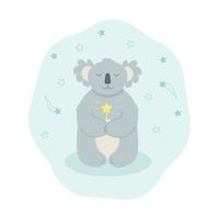 Cute cartoon character koala on a cloud with a magic wand dreams. Vector illustration