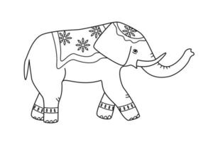 Cartoon drawn elephant with a blanket on its back and on its head. Indian tribal elephant decorated, vector outline