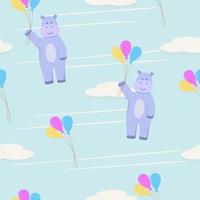 Seamless pattern of a hippopotamus with balloons flying through the sky with clouds. Vector illustration of the cartoon character hippo, used for wallpaper, textiles and printing