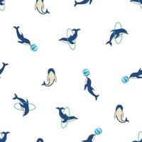 Seamless Pattern dolphins in different poses, vector illustration of marine animals. Painted dolphins swim and players in dolphinarium