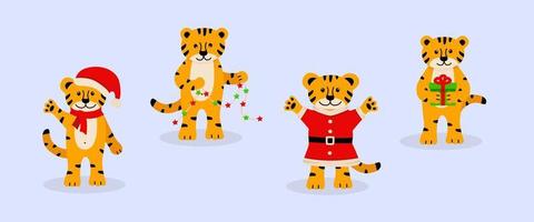 un conjunto de tigre de navidad, lindos símbolos de dibujos animados del año. ilustración vectorial, el concepto de navidad y año nuevo vector