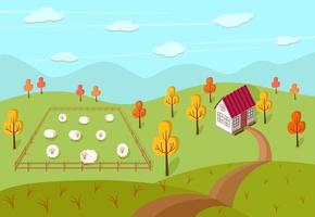 Autumn landscape of a farm, a house and a pasture with sheep. Vector illustration of a village