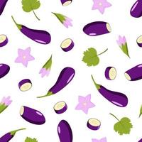 berenjena de patrones sin fisuras entera y cortada, flores de berenjena y hojas. ilustración vectorial de verduras, un conjunto de cosecha vector