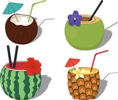 Summer beach cooling cocktails served in fruits vector illustration