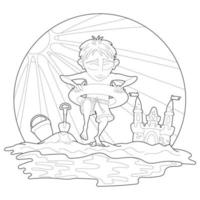 Summer fun coloring page. Boy on the beach. Antistress for kids and adults. vector