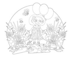Girl in the summer garden coloring page. Antistress for kids and adult vector