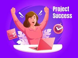 Happy woman completing task with hands raised at her workplace, Job well done, Completed task vector