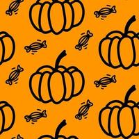 vector halloween patrón sin costuras de calabaza, caramelo en el fondo naranja. linda ilustración para diseño de temporada, textil, decoración de sala de juegos para niños o tarjeta de felicitación. impresiones dibujadas a mano y garabatos.