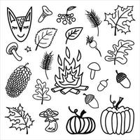 Cute doodle autumn set with acorns, leaves, mushrooms, cute animals, pumpkins and other gifts of autumn. Hand drawn vector illustration for greeting cards, posters and seasonal design.