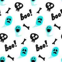 Halloween doodle festive seamless pattern. Vector background with skulls, spiders, ghosts, bones and speech bubble with boo. Illustration for seasonal design, textile, decoration or greeting card.