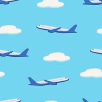 Seamless Pattern Passenger plane in flight on the background of the sky with clouds. Vector illustration of an airplane