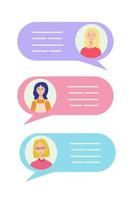 avatares tres amigas en burbujas de discurso. concepto de chat, mensaje, comunicación web, messenger. ilustración vectorial de una conversación en línea, vector