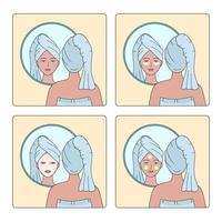 Woman with a towel on her head reflected in the mirror. Cosmetic patches, a mask and cucumbers on the face, options for self care at home vector