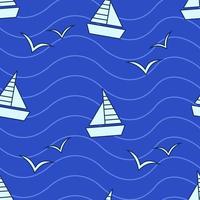 Seamless pattern of a white sailboat and seagulls on a blue sea background with waves. Vector illustration of a marine concept