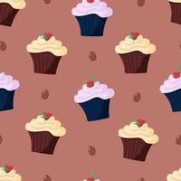 Seamless pattern with chocolate cupcakes with cream and berries. Vector illustration of a sweet dessert