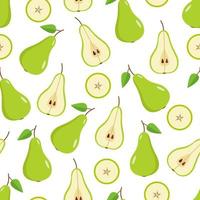 Seamless Pattern Green pear is whole, half and a pear slice on a white background. Vector illustration of ripe juicy fruit pears