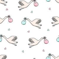 Seamless pattern of a stork carrying a newborn. Vector illustration, wallpaper background for baby