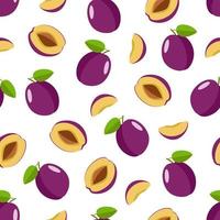 Seamless Pattern Ripe plum whole in a purple peel, half a plum with a stone and a plum slice. Vector illustration of delicious berries