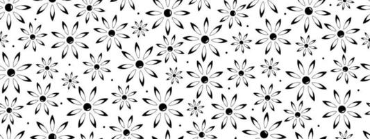 Seamless pattern of black and white daisy flowers abstract, banner Vector illustration.