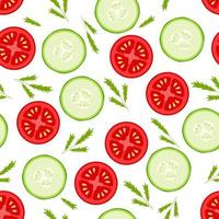 Seamless pattern of fresh slices of tomato cucumber and greens, vector illustration of the concept of a healthy salad vitamins