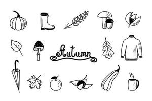 Autumn set of elements, fall vector objects, doodle style